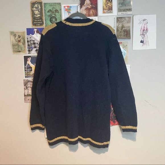 VINTAGE PREPPY NAUTICAL NAVY METALLIC GOLD CABLE ANCHOR BUTTON CARDIGAN MEDIUM - Picture 2 of 5